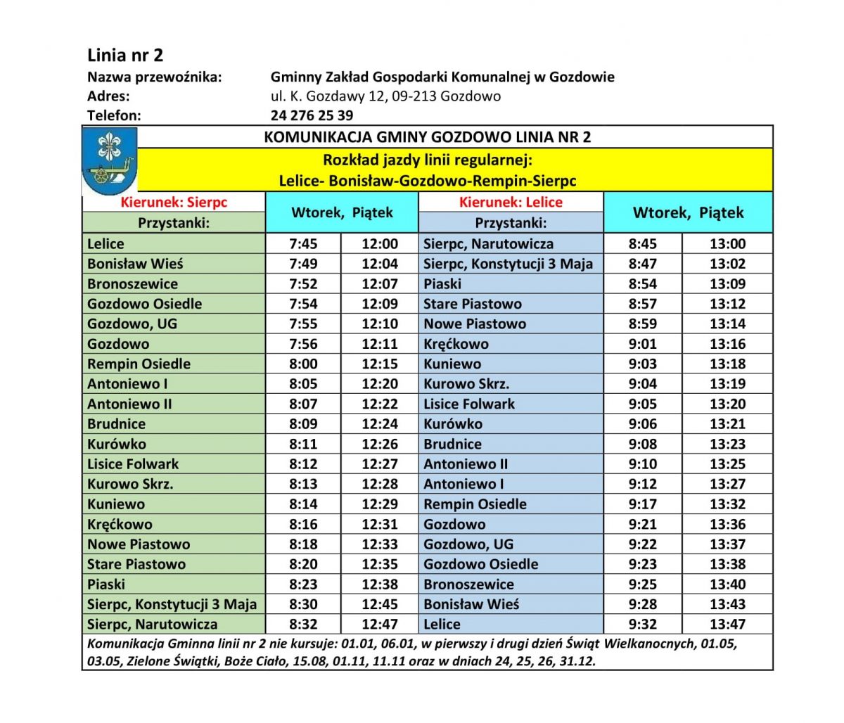 Komunikat – Linia nr 2 na trasie Lelice – Bonisław – Gozdowo – Rempin – Sierpc