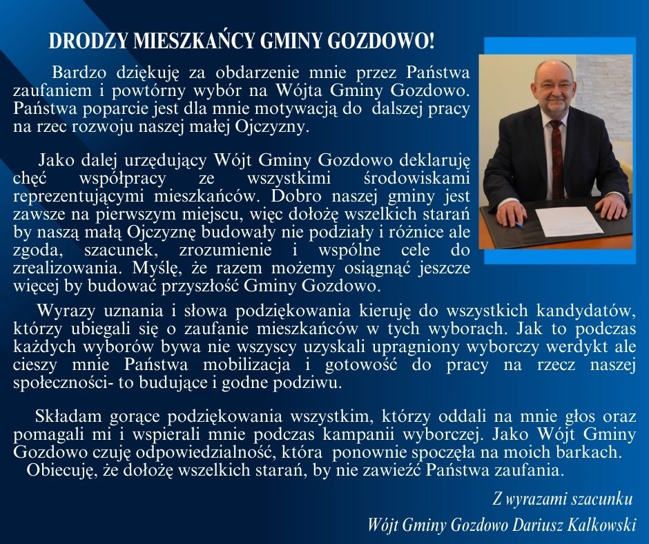 Podziękowanie Wójta Gminy Gozdowo