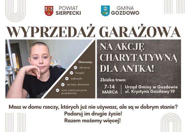 WYPRZEDAŻ GARAŻOWA NA AKCJĘ CHARYTATYWNĄ DLA ANTKA